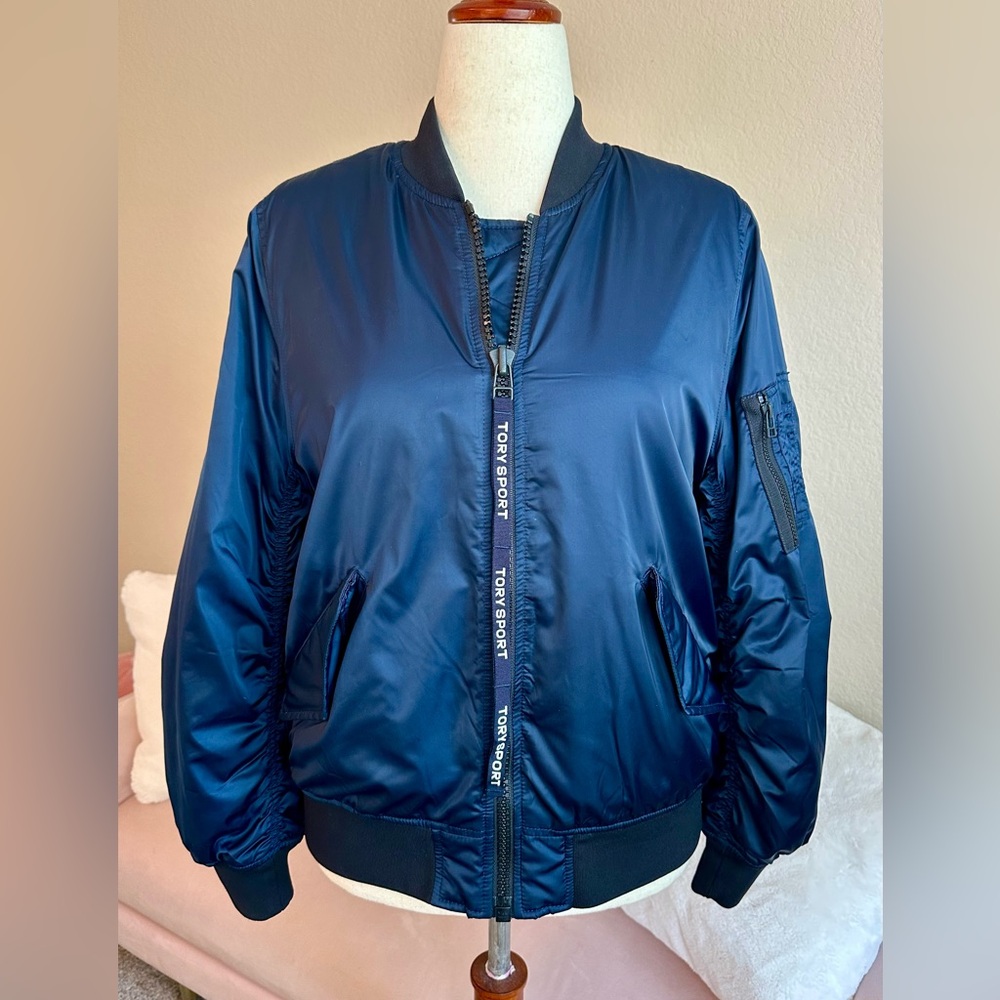 Tory Burch Bomber Jacket Deep Blue Sheen Tory Sport Zipper Pull Oversized Sz XS